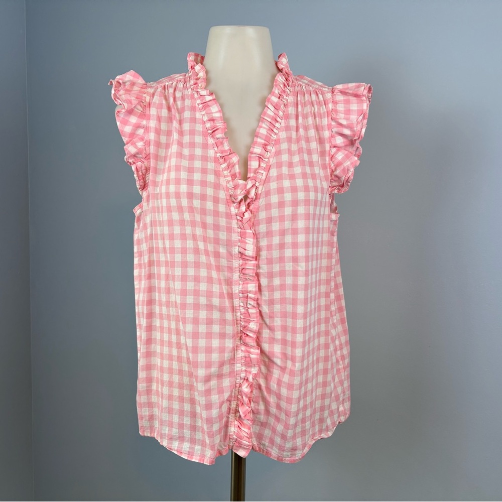 J. Crew Pink Checkered Ruffle Top